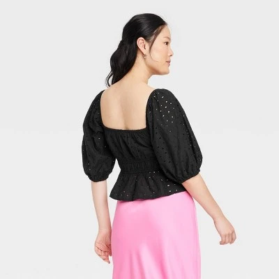 Women's Puff Elbow Sleeve Eyelet Shirt - A New Day™ 3 Women's Puff Elbow Sleeve Eyelet Shirt - A New Day™